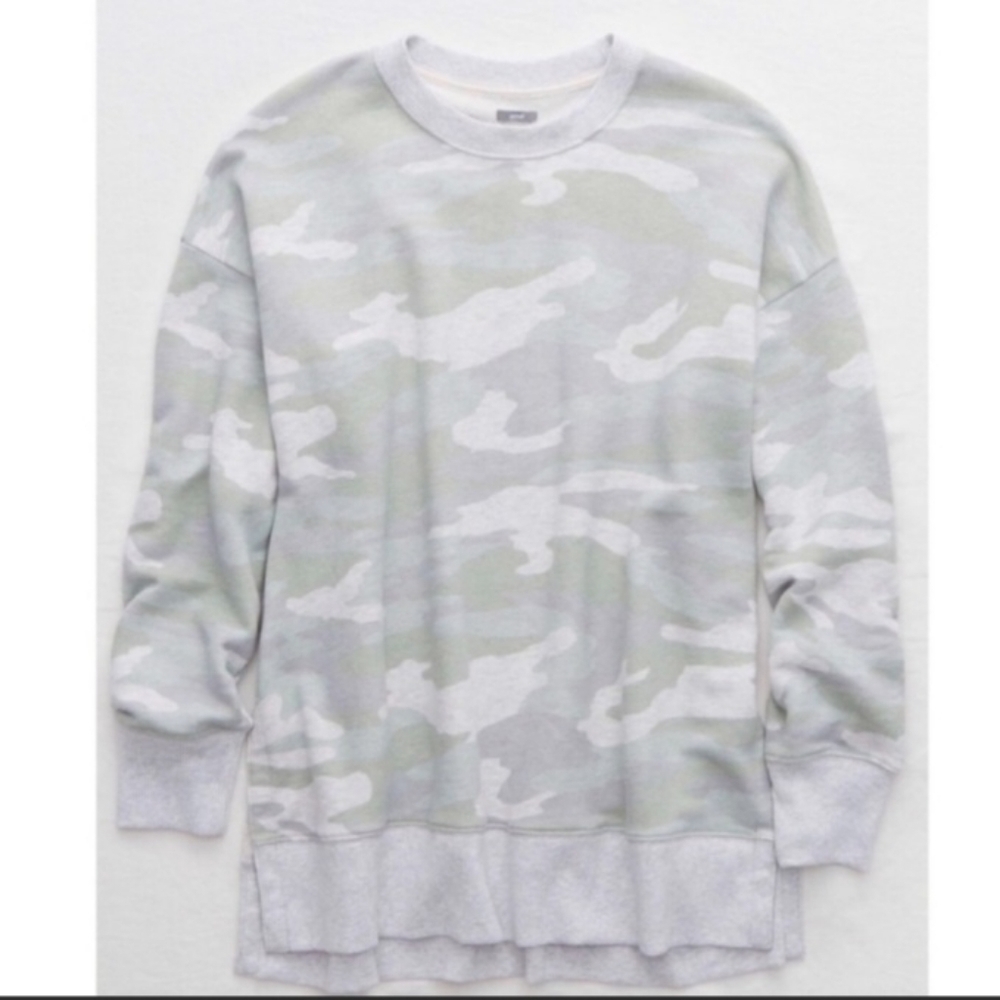 Aerie Camo Oversized Swearshirt Side Slits Women's Small S Muted Grey Blue Green